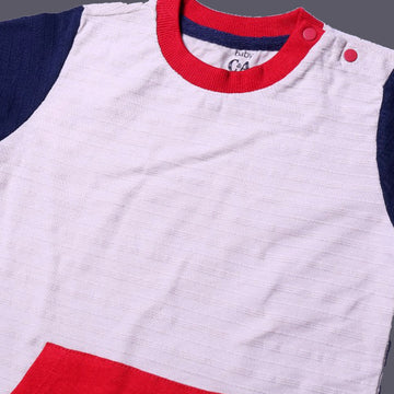 CREAM WITH BLUE SLEEVES FRONT POCKET HALF SLEEVES T-SHIRT